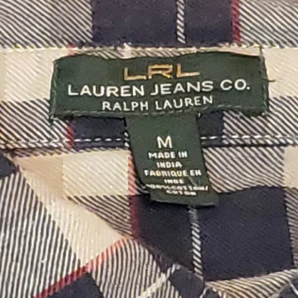 LRL Lauren Jeans Co Ralph Lauren Ruffled Flannel Shirt Ladies M Blue White Red - Picture 3 of 6
